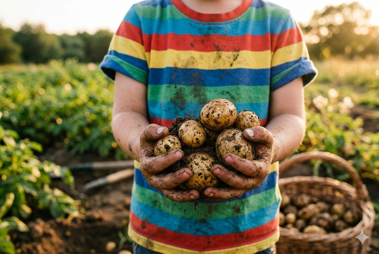 収穫したじゃがいもを持つ子どもの手
