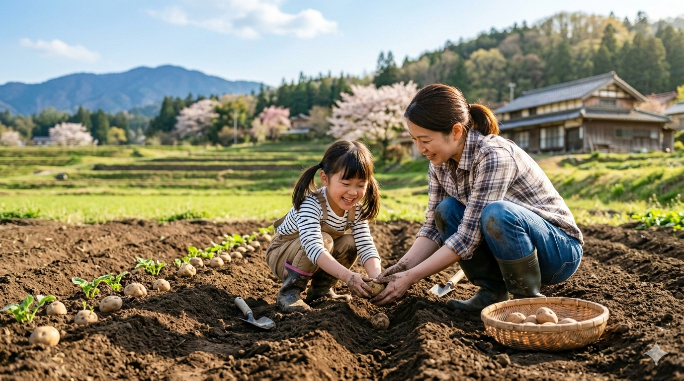 農園で笑顔の家族がじゃがいもを植えている様子