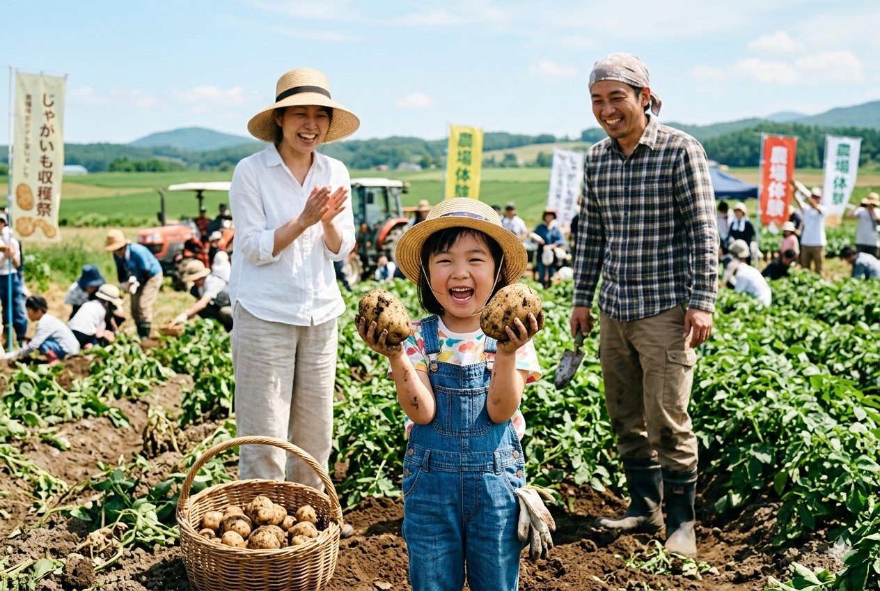 収穫したじゃがいもをカゴに入れて喜ぶ家族