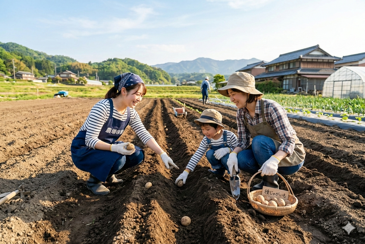 種芋を畑の土に植え付けている親子の手元