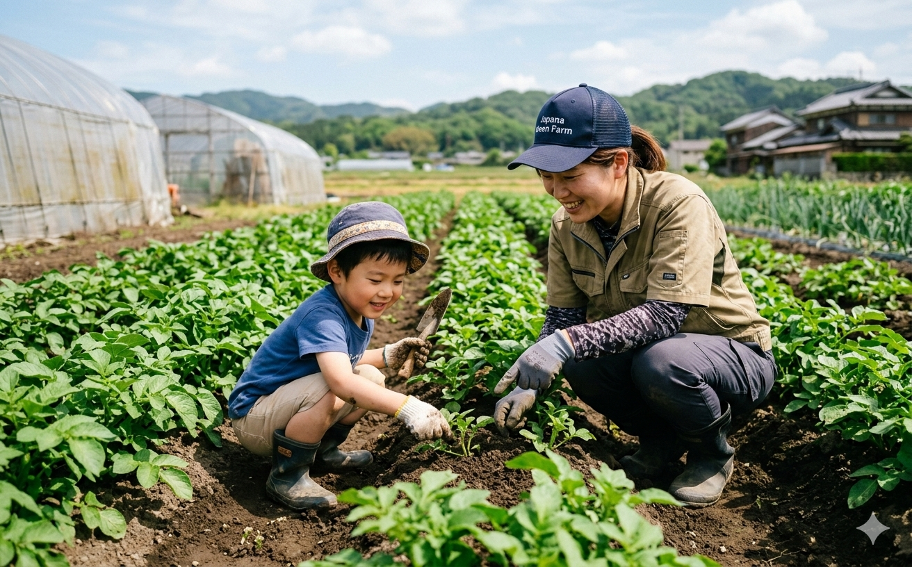 じゃがいもの芽かき作業をしている子どもとスタッフ